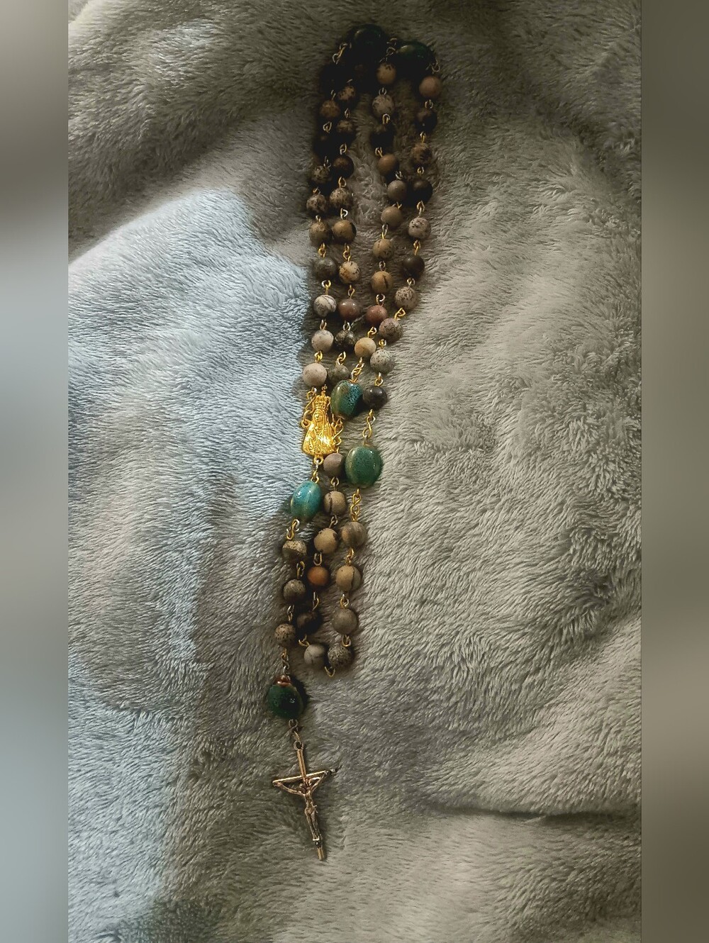 Matte Brown and Green Bead Rosary with Gold Crucifix